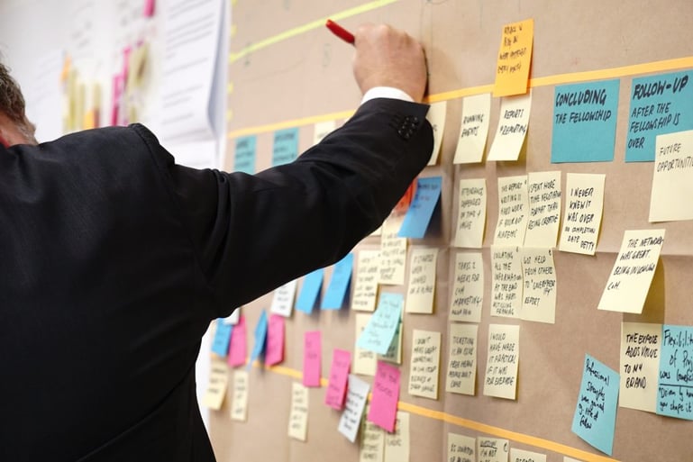 Someone putting post-its on a corkboard- How to put together an editorial calendar for content marketing - Copify blog