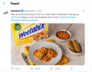 Twitter screenshot of Weetabix and baked beans tweet