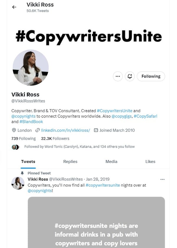 Vikki Ross Twitter page - The top 10 copywriting experts you need to follow - Copify blog-1